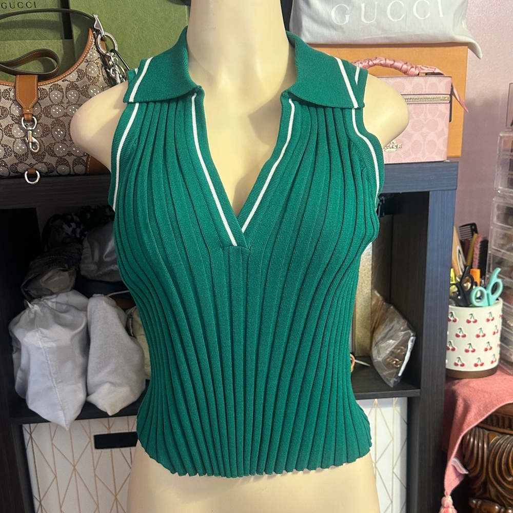 Primark Teal Ribbed Crop Top with White Trim